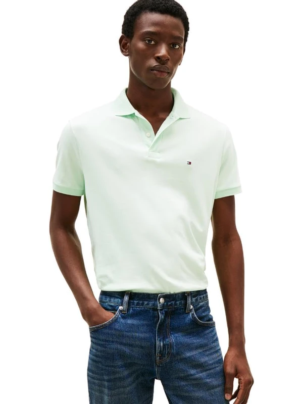 Tommy Hilfiger Men's Short Sleeve Casual Polo Shirts in Regular Fit with Liquid Cotton, Opal Green, Medium