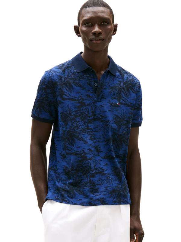 Tommy Hilfiger Men's Short Sleeve Linen Polo Shirts in Regular Fit with Tropical Print Designs, Desert Sky/Dark Navy, XL