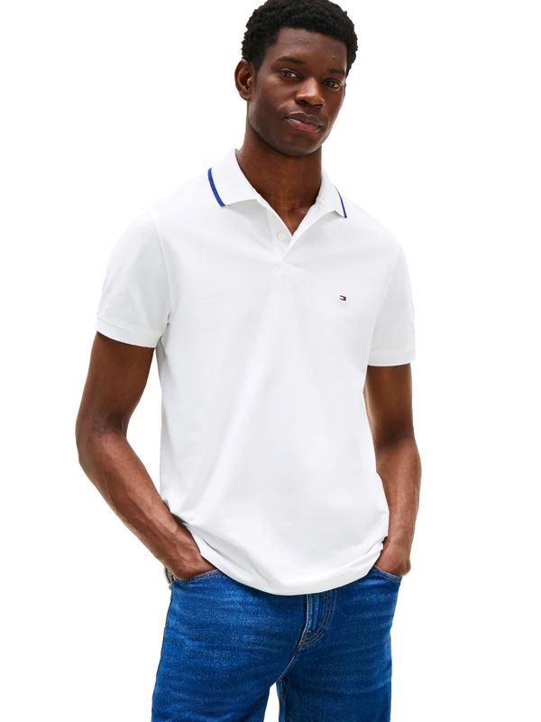 Tommy Hilfiger Men's Short Sleeve Casual Dri Polo Shirts in Regular Fit with Moisture Wicking and Stretch, White Tipped, Medium