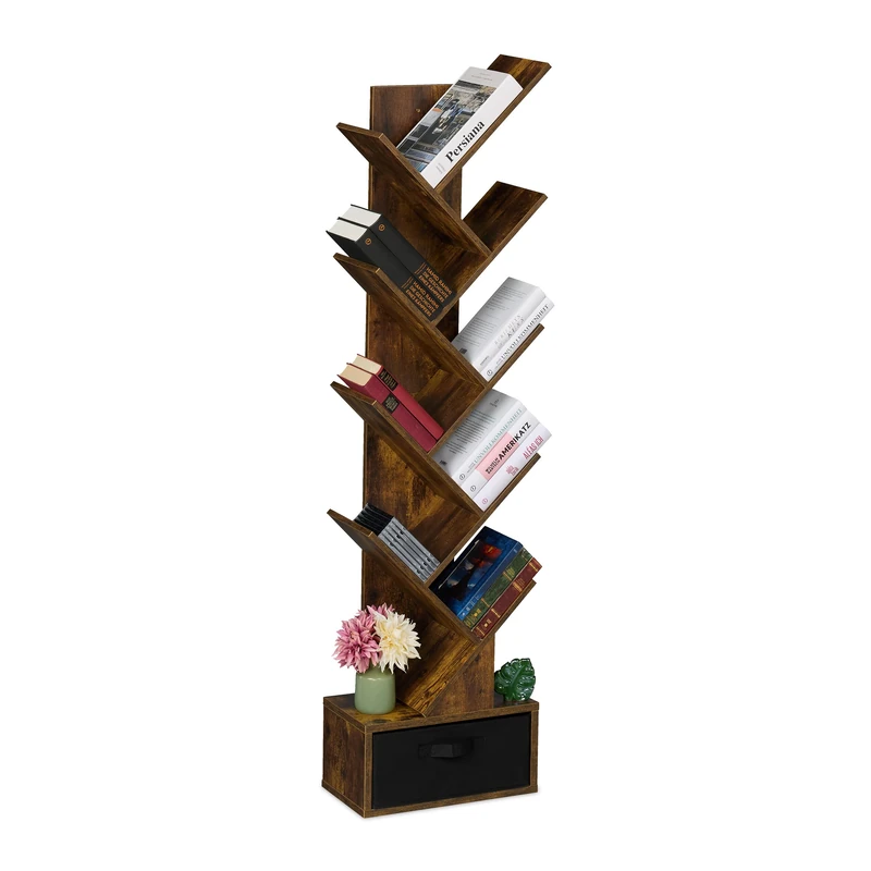 Relaxdays Tree Bookshelf, 9-Tier Bookcase, HWD: 146 x 38 x 22 cm, Storage for Books & CDs, Free-Standing, Drawer, Brown, Fibreboard, Cardboard, Fleece - Image 1