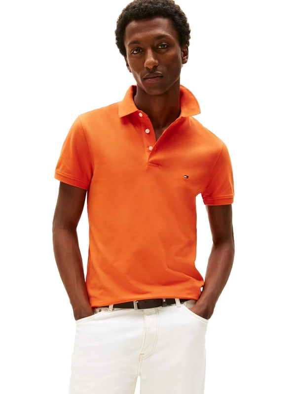 Tommy Hilfiger Men's Short Sleeve Polo Shirts in Slim Fit with Stretch and Organic Pique Cotton, Brilliant Orange, XXL