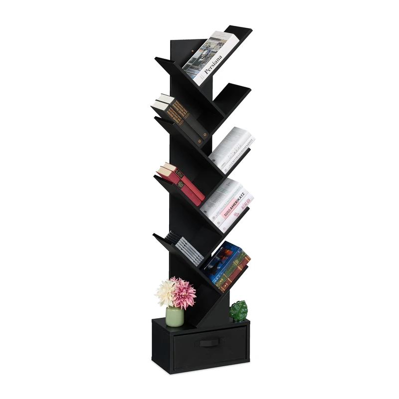 Relaxdays Tree Bookshelf, 9-Tier Bookcase, HWD: 146 x 38 x 22 cm, Storage for Books & CDs, Free-Standing, Drawer, Black, Fleece, Fibreboard, Cardboard