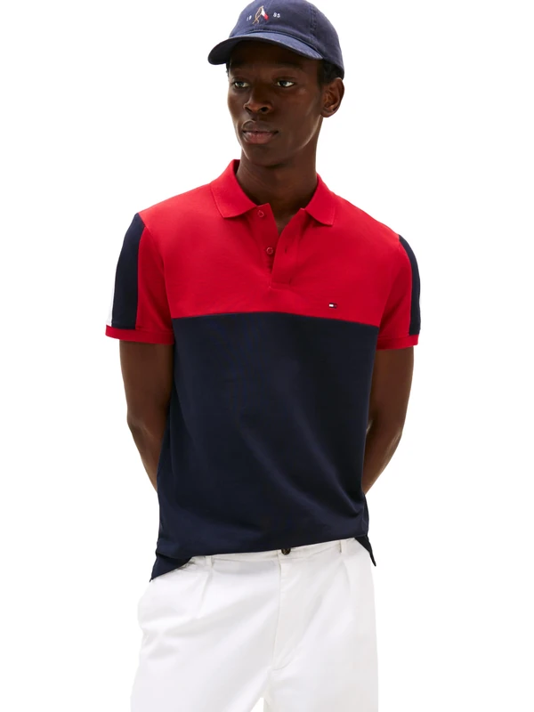Tommy Hilfiger Men's Short Sleeve Casual Polo Shirts in Regular Fit with Stretch and Colorblock Designs, Desert Sky, Medium