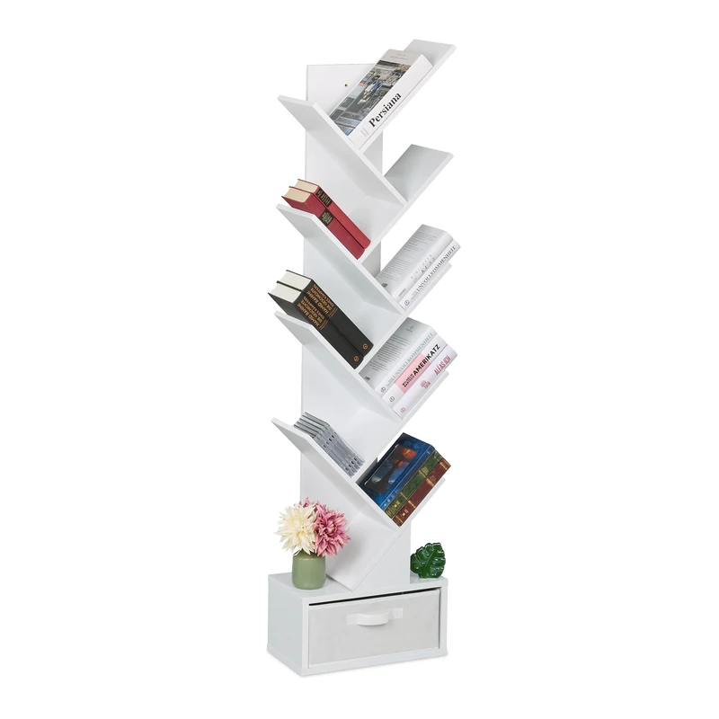 Relaxdays Tree Bookshelf, 9-Tier Bookcase, HWD: 146 x 38 x 22 cm, Storage for Books & CDs, Free-Standing, Drawer, White, Cardboard, Fleece, Fibreboard - Image 1