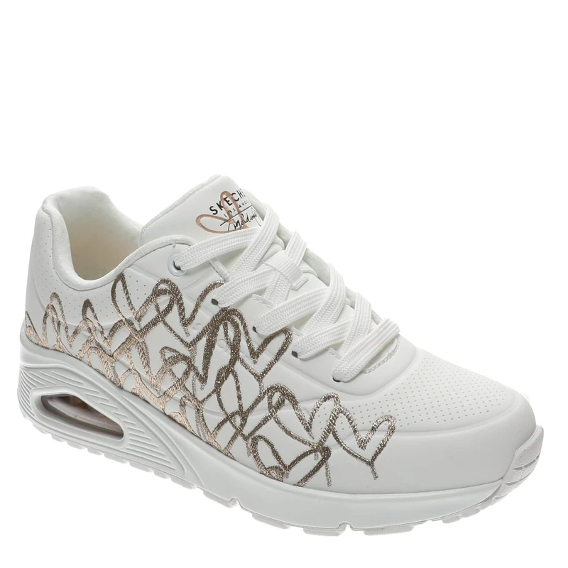 Skechers Women's Uno Golden Heart Sneaker, White Durabuck/Rose Gold Mylar Embroidery, 5.5 UK
