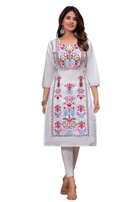 JG Jai GOVINDAM Indian Hand Embroidered Kurti for Women Chikankari Straight Cotton Long Kurti's Tunic Kurta Dreses for Women, Emb Pink, M - Image 1