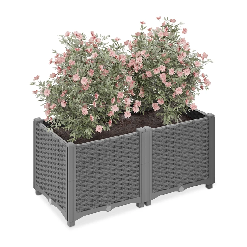 Relaxdays Planter, Rattan Look, HWD:38 x 80 x 40 cm, Garden Plant & Flower Pot, Raised Bed, with Water Reservoir, Grey, 40 cm