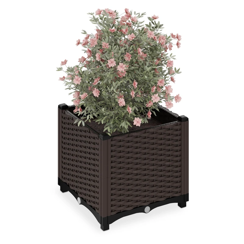 Relaxdays Planter, Rattan Look, HWD: 38 x 40 x 40 cm, Garden Plant & Flower Pot, Raised Bed, with Water Reservoir, Brown, 40 cm