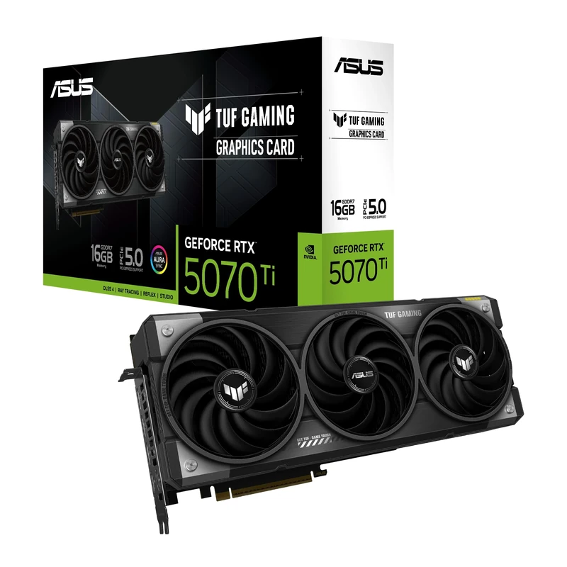 ASUS TUF Gaming NVIDIA GeForce RTX 5070 Ti, 16GB GDDR7, 256 Bit, PCIe 5.0, 2 HDMI 2.1, 3 DisplayPort 2.1, Axial-Tech Fans, Tweak III GPU Software, Black, TUF-RTX5070TI-16G-GAMING