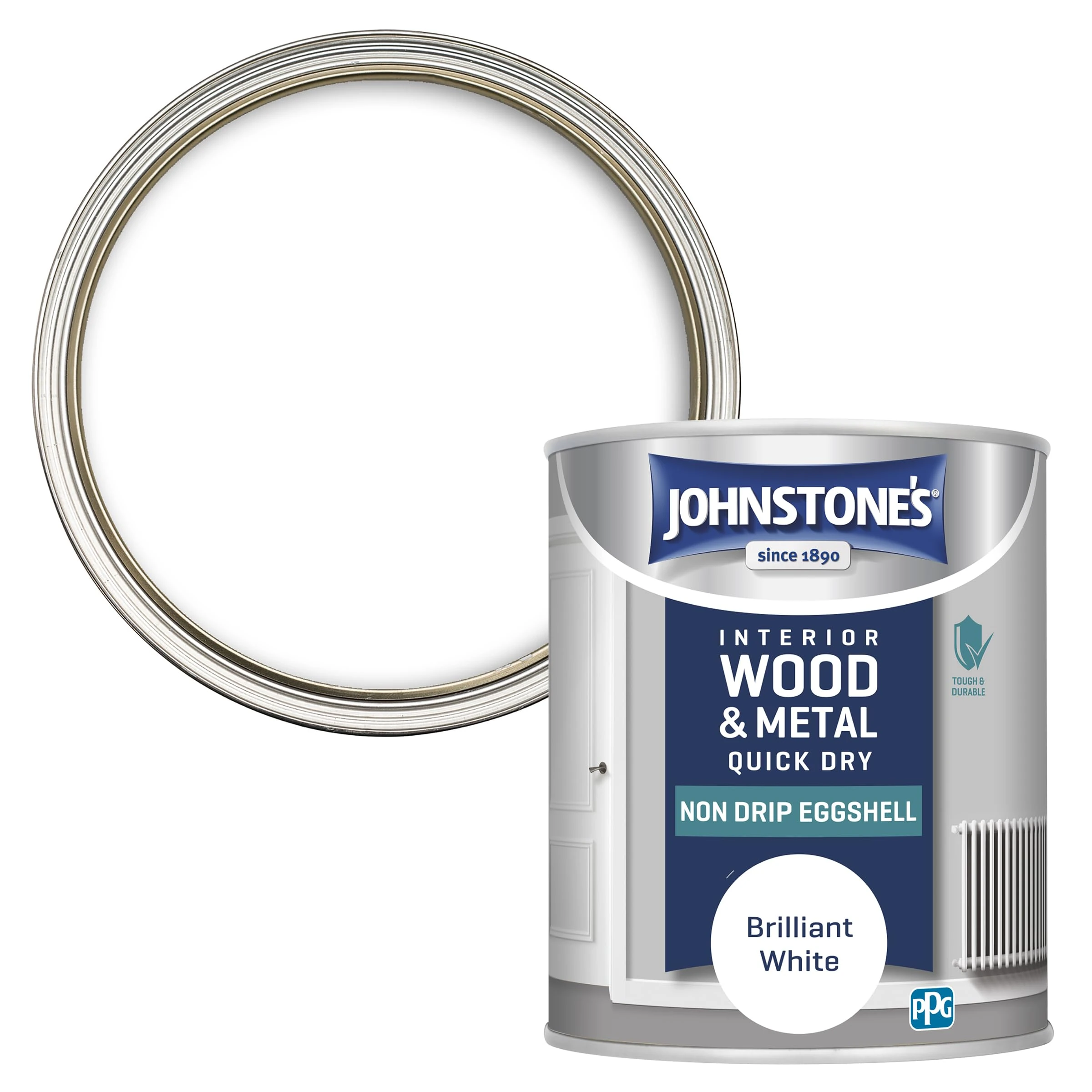 Johnstone's - Quick Dry & Nondrip Eggshell Paint for Wood & Metal - Brilliant White | Interior | Low Odour, Water-Based Formula, Dry in 1-2 Hours | 12m2 Coverage per Litre | 750ml