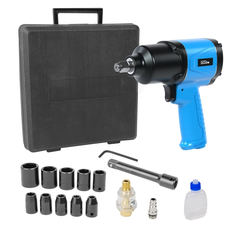 Güde Compressed Air Impact Wrench Set (Connection Thread IG 1/4 Inch, 6 Bar Press Pressure, 204 l/min Air Bed, 150/300/569 Nm Max. Torque, 580 Nm Max. Release Torque, Includes 10 Sockets, Extension