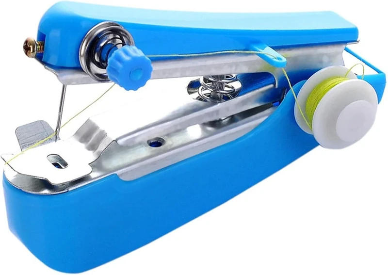 Blue Portable Mini Manual Sewing Machine - Handheld Hand Stitcher for Arts and Crafts, Needlework Tool