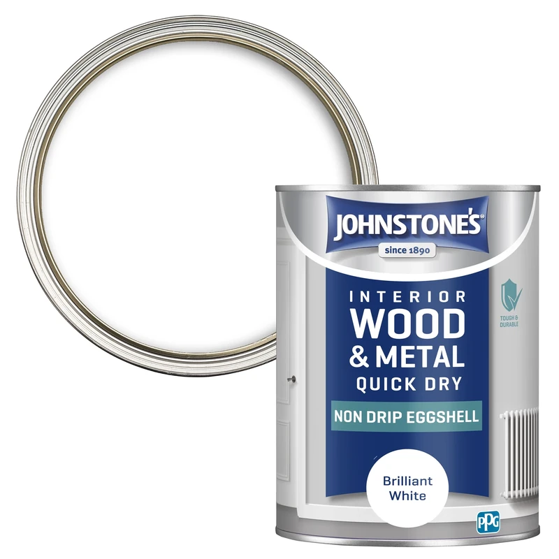 Johnstone's - Quick Dry & Nondrip Eggshell Paint for Wood & Metal - Brilliant White | Interior | Low Odour, Water-Based Formula, Dry in 1-2 Hours | 12m2 Coverage per Litre | 1.25 L