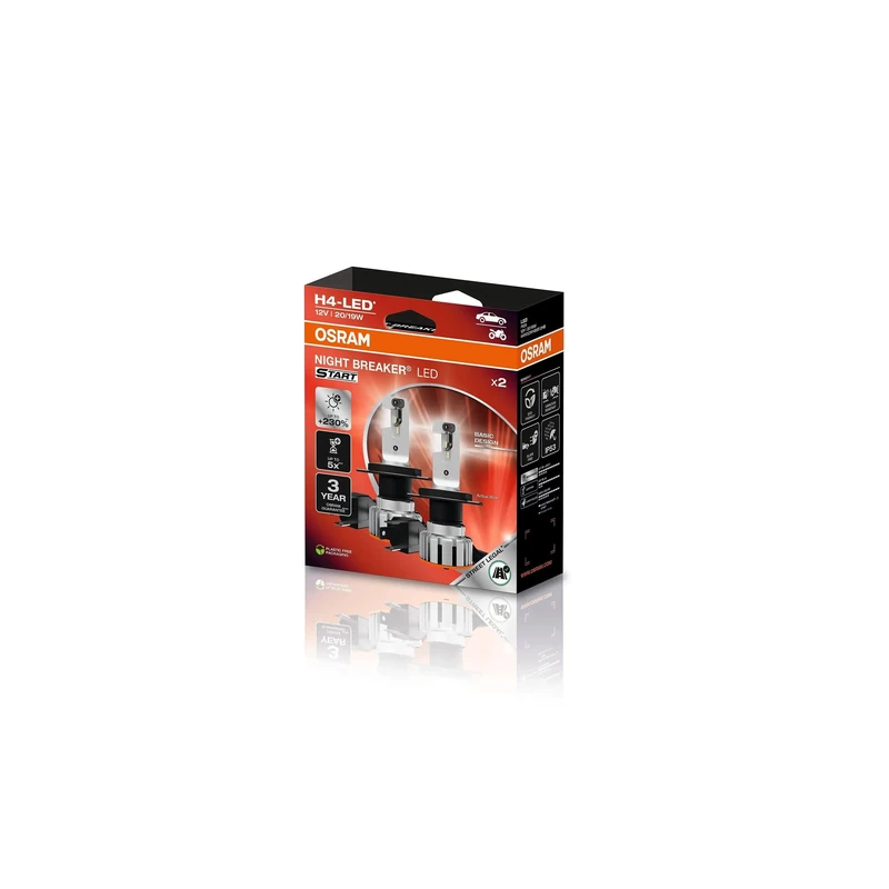 Osram Night Breaker LED Start H4, LED High and Low Beam with Road Legal, Up to 230% More Brightness, 6000K, 12V