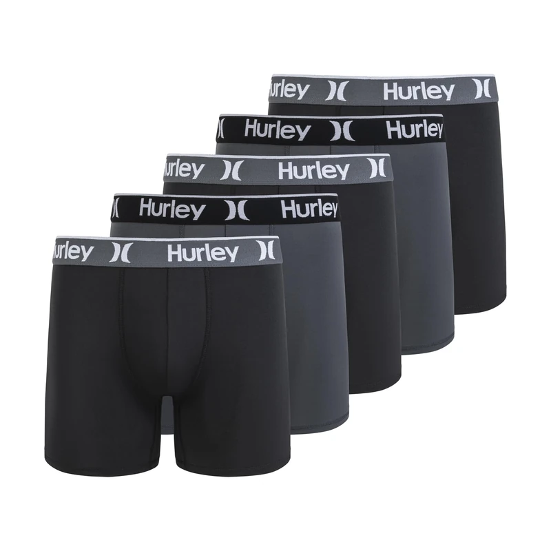 Hurley Men's Standard 5 Pack Stretch Boxer Briefs, Black/Castlerock