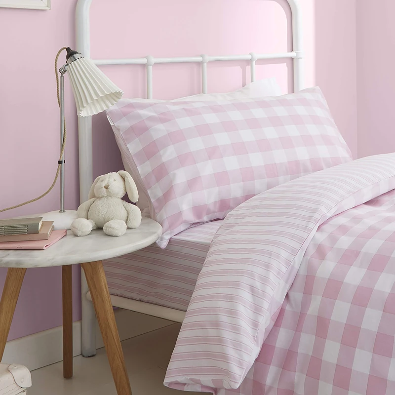 Catherine Lansfield Check and Stripe Pink Duvet Cover Set 160 x 220 + 50 x 110 cm + Fitted Sheet White 90 x 200 cm