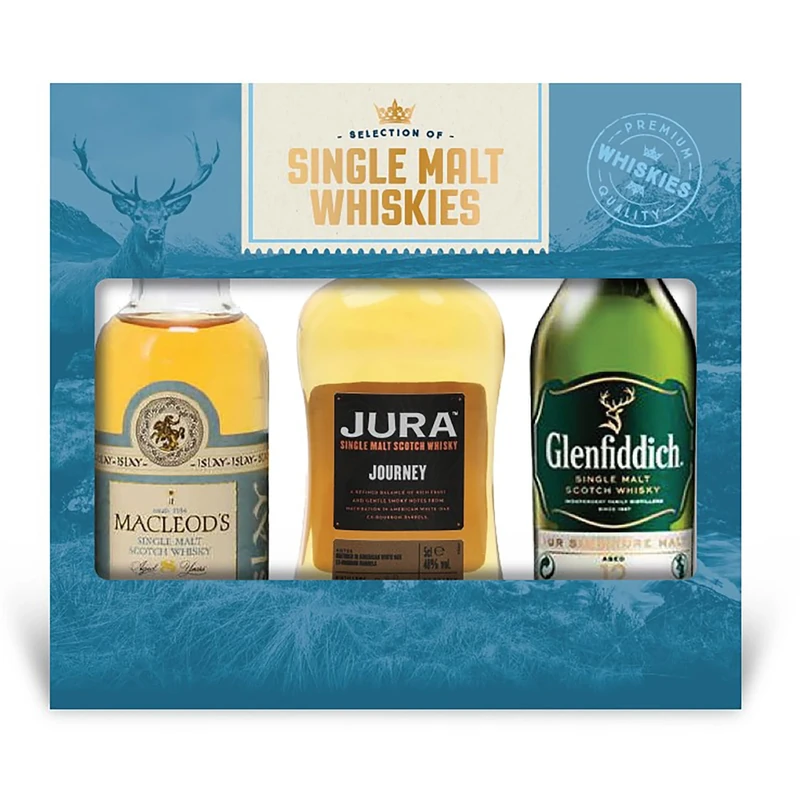 A Selection of Single Malt Whiskies gift set, including 3 x 5cl bottles of single malt whisky. Perfect for Christmas and Birthdays.