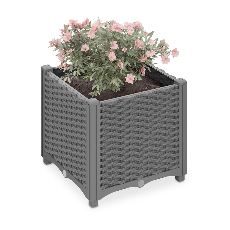 Relaxdays Planter, Rattan Look, HWD: 38 x 40 x 40 cm, Garden Plant & Flower Pot, Raised Bed, with Water Reservoir, Grey