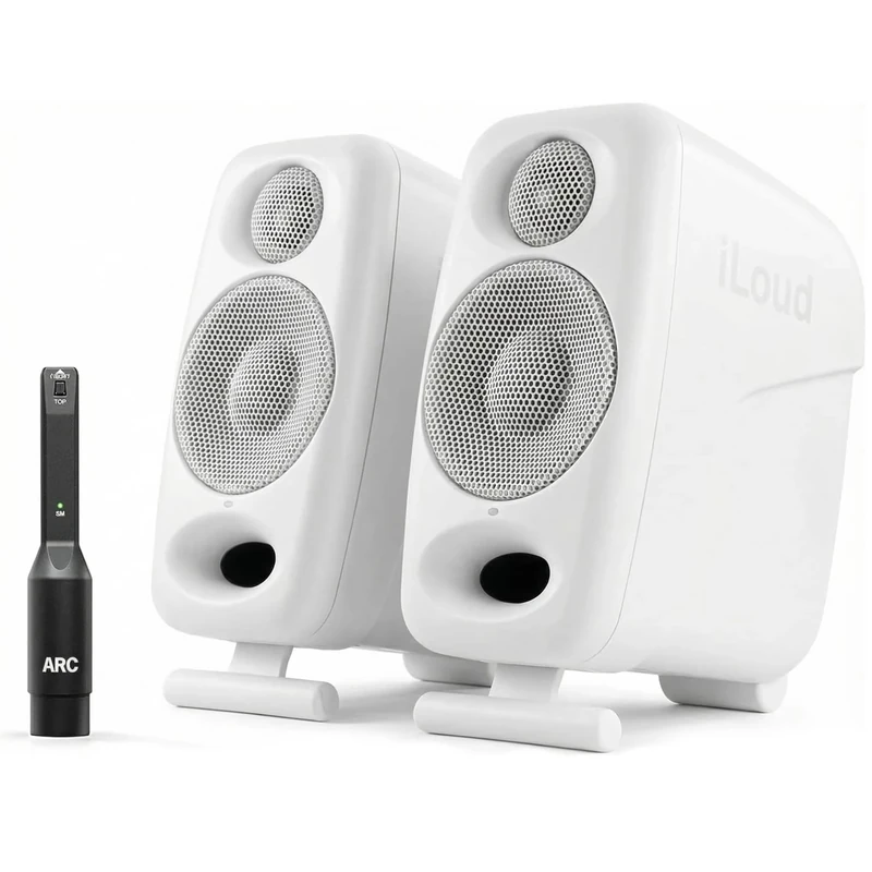 IK Multimedia iLoud Micro Monitor Pro - Pair - 2-Way bi-amped, highly portable, digitally controlled compact reference studio monitors. X-MONITOR. Incl. ARC calibration mic. White.