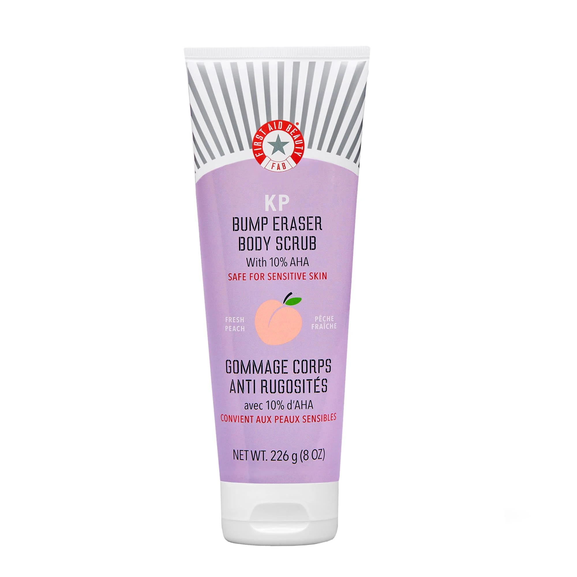 First Aid Beauty - KP Bump Eraser Body Scrub with 10% AHA, Keratosis Pilaris Exfoliator with Glycolic & Lactic acids, Helps Reduce Chicken Skin Bumps, Safe for Sensitive Skin, NEW Peach Scent (226 g)