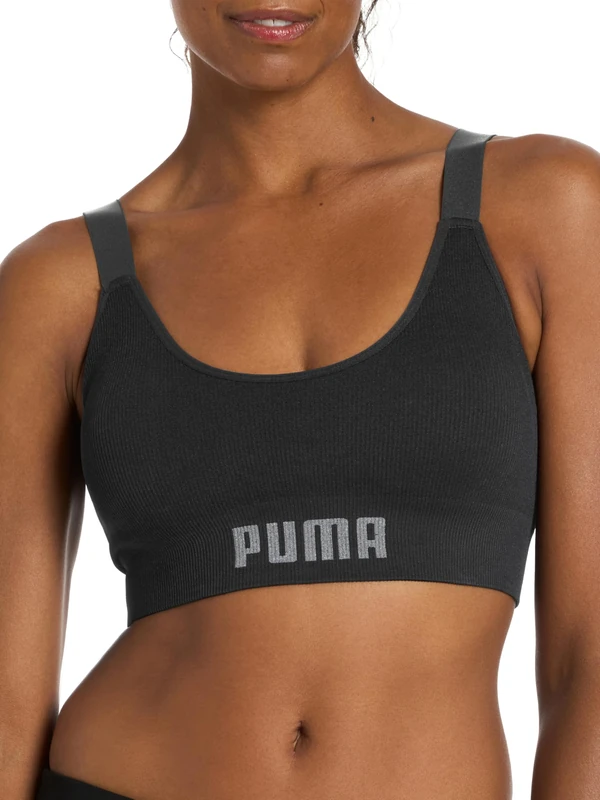 PUMA Women's 2 Pack Seamless Sports Bra, Black/Heather Grey Scoop, L
