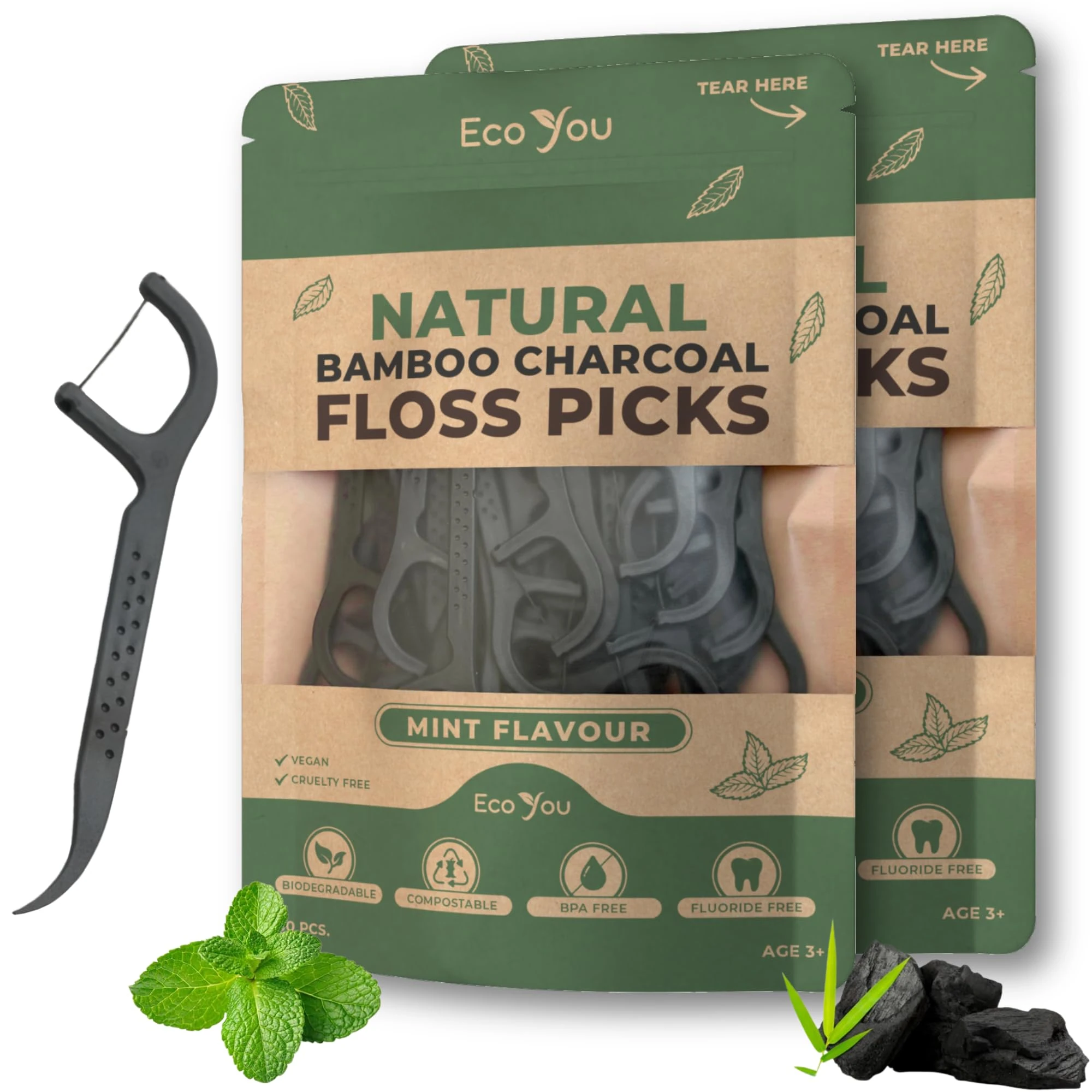 EcoYou Biodegradable Floss Picks | 100 Count (2 Pack) | Mint Flavor, Candililla Wax | Sustainable & Reusable | Vegan & Cruelty-Free | Eco Floss