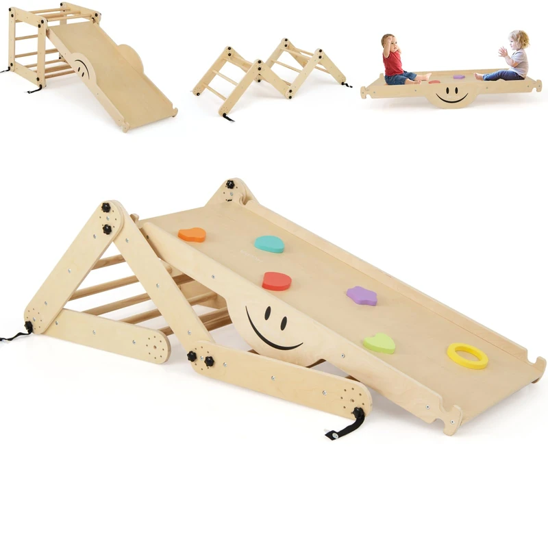 GYMAX 10 in 1 Kids Climbing Set, Foldable Wooden Toddler Climber with Reversible Ramp, Indoor Children Climbing Frame for 3 Years Old + Boys Girls (Natural)