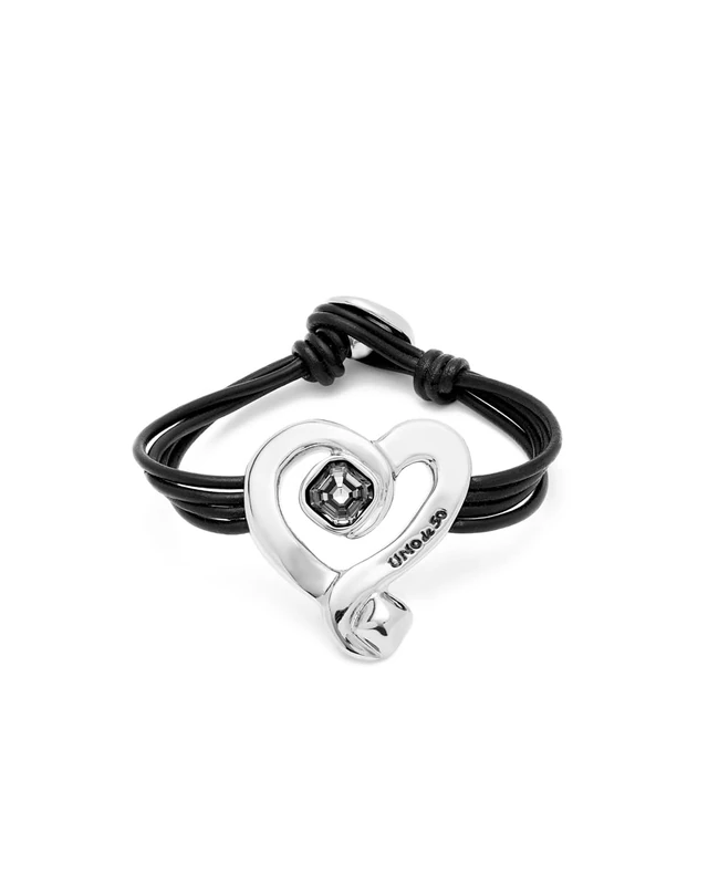 Bracelet of Leather with Corazon in Aleacion of Metal Plated in Silver of Sterling with Lens Black Min Perimeter 17,3