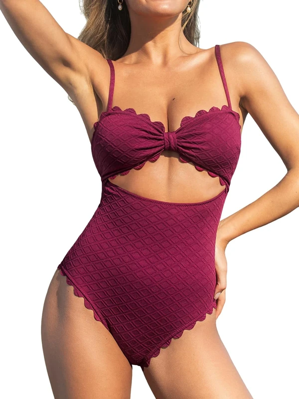 CUPSHE Women's Burgundy Red One-Piece Swimsuit - Scallop Cutout