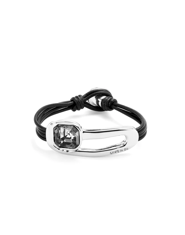 Bracelet of Leather with Alloy of Metal Plated in Silver of Sterling and Lens Facetado Black - Min Perimeter 17,5