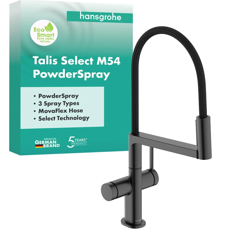 hansgrohe Talis Select M54 PowderSpray - kitchen tap with pull-out spray, SemiPro, 3 sprays, kitchen sink tap with spout height 210 mm, kitchen mixer tap, swivel spout, brushed black chrome, 72861340