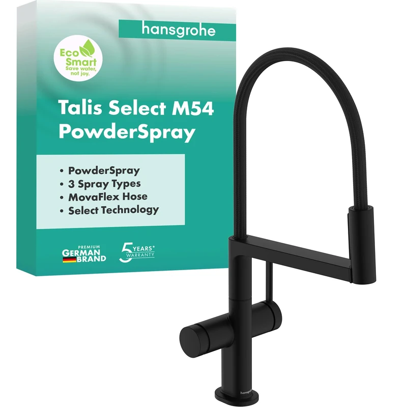 hansgrohe Talis Select M54 PowderSpray - kitchen tap with pull-out spray, SemiPro, 3 sprays, kitchen sink tap with spout height 210 mm, kitchen mixer tap with swivel spout, matt black, 72861670