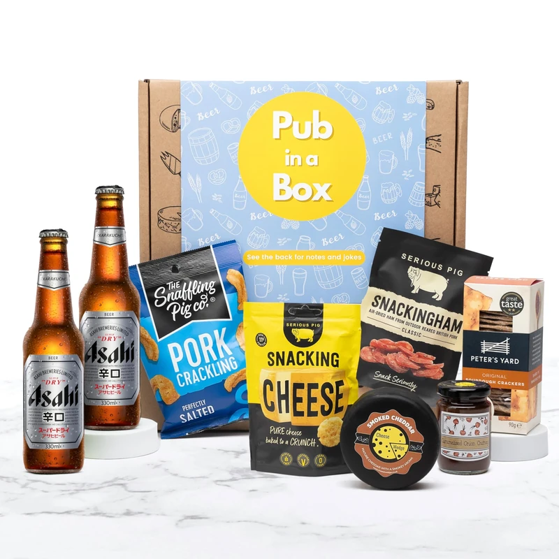 Cheese and Beer Gift Hamper Set Includes 6 Snacks, 2 x Beer Bottles Plus Cheese, Meat & Savoury Snacks, Father's Day Hamper Gift For Him (2 Asahi Lagers)