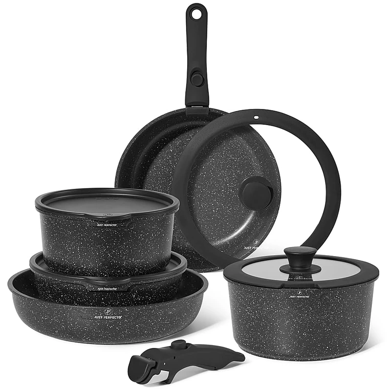 Just Perfecto Nonstick Cookware Set with Removable Handle, Cookware with Lids for All Types of Cookers and Oven, Stock Pot Oven Safe, PFOA Free (11pcs Black) - Image 1