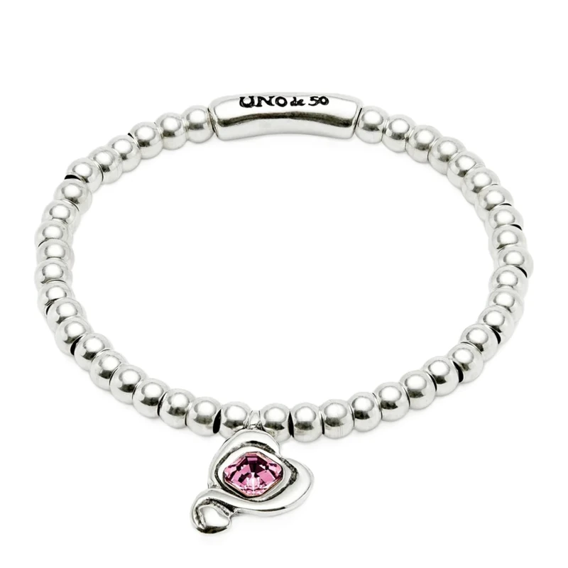 Bracelet of Bolas in Alloy of Metal Plated in Silver of Sterling with Corazon with Lens Pink Min Perimeter 16