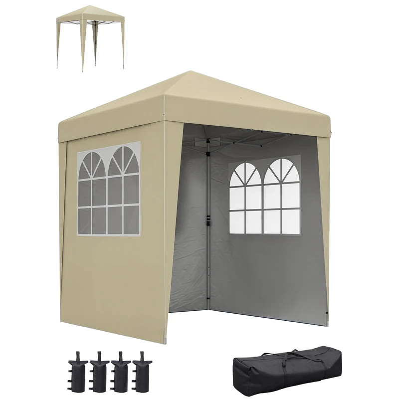 Outsunny Folding Pop Up Gazebo 2 x 2 m Height Adjustable Height 3 Levels Anti-UV 30+ 3 Side Walls with 4 Sand Bags and 1 Carry Bag Oxford Fabric Steel Beige - Image 1