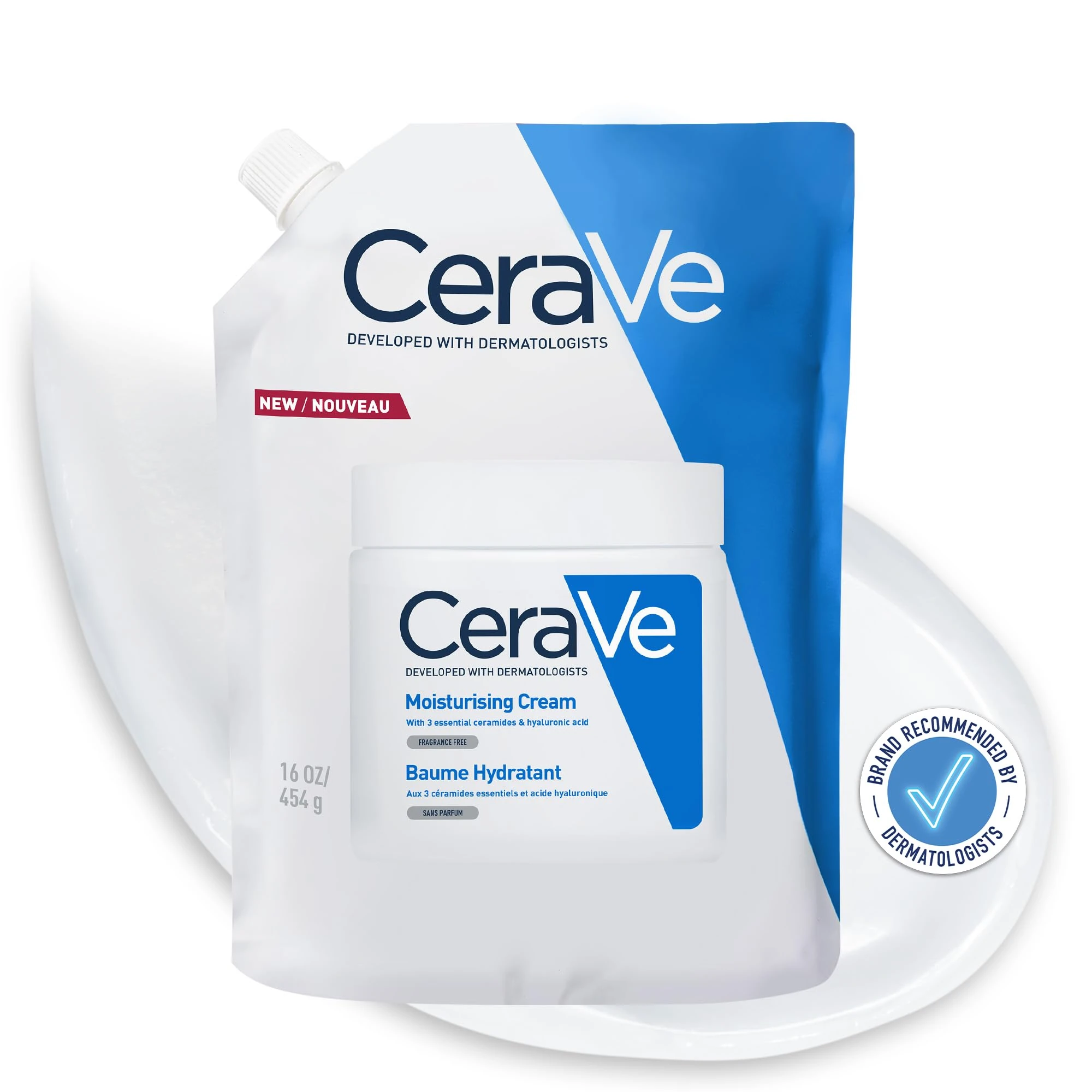 CeraVe Moisturising Face and Body Cream with Hyaluronic Acid and 3 Essential Ceramides for Dry to Very Dry Skin, Refill Pouch, 454g