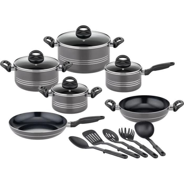 GSW Milano Grey Cooking Pot Set, 15 Pieces, High-Quality Pot Set for Induction, Ceramic & Gas, Non-Stick Coating, Cooking Pots with Glass Lid and Kitchen Utensils, Pots and Pans
