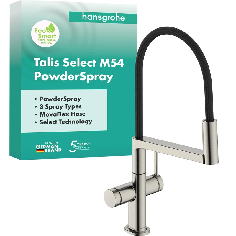 hansgrohe Talis Select M54 PowderSpray - kitchen tap with pull-out spray, SemiPro, 3 sprays, kitchen sink tap with spout height 210mm, kitchen mixer tap, swivel spout, stainless steel finish, 72861800