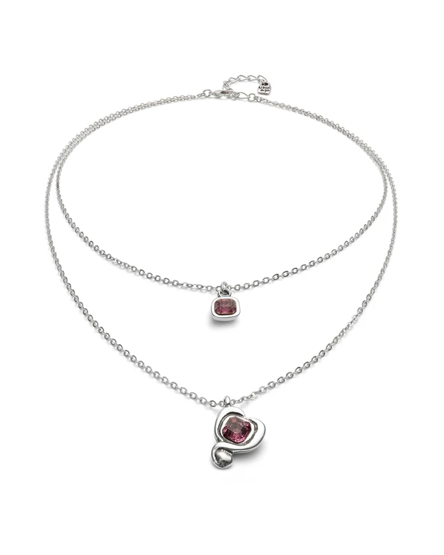 Colgante of Aleacion of Metal Plated in Silver of Sterling with Doble Chain and Corazon with Lens Pink Mín Longitud: 39-46