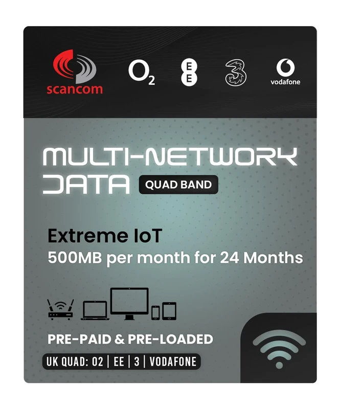 IoT Multi-Network Data Sim Card - Automatic Monthly Data renewed for 2 years - Preloaded with EE, Three, O2 & Vodafone (500MB per month for 24 months)