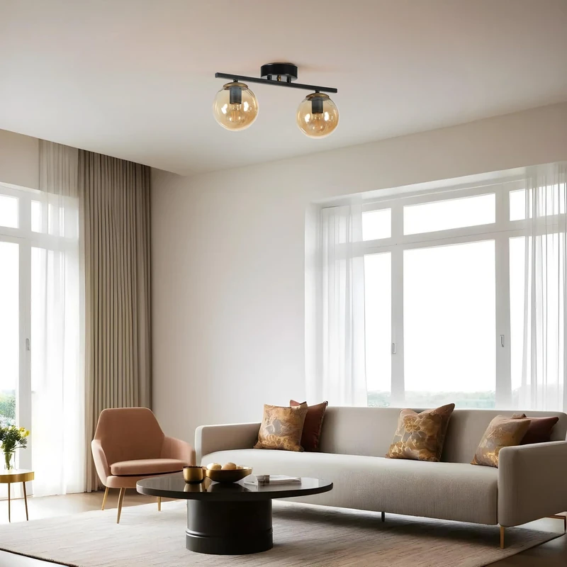 Opviq Elegant Black & Amber Chandelier, Metal Body, 15 cm Diameter, 20 cm Height, 36 cm Length, E27 Socket, Max 40 W, Stylish Lighting for Modern Spaces