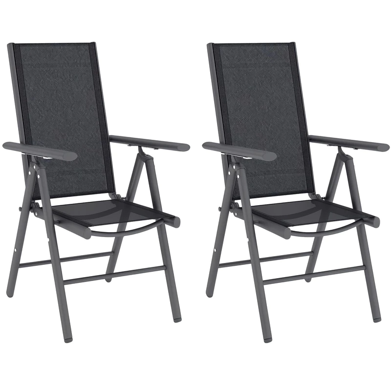 Outsunny Set of 2 Folding Garden Chairs, Aluminium Frame Outdoor Dining Chairs with Breathable Mesh Back and Seat, Garden Folding Chair Set with Armrests for Balcony, Dark Grey