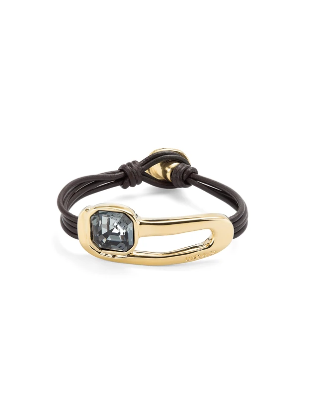 Bracelet of Leather with Alloy of Metal Plated in Gold 18k and Lens Facetado Black - Min Perimeter 16