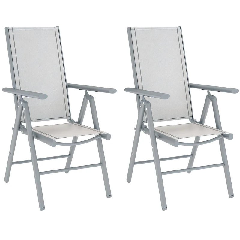Outsunny Set of 2 Folding Garden Chairs, Aluminium Frame Outdoor Dining Chairs with Breathable Mesh Back and Seat, Garden Folding Chair Set with Armrests for Balcony, Light Grey