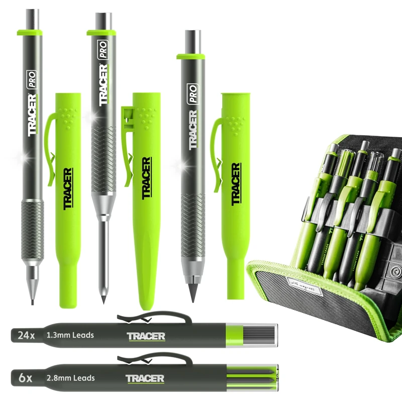 Tracer Pro Series - 5 Piece Construction Marker Kit with Storage Case - Precision, Tough & Deep Hole Pencil with Replacement Leads