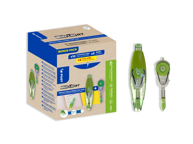 PILOT - Pack of 10 Whiteline RT + 10 Refills - Refillable and retractable tape correctors - Made of recycled plastic - Ideal for office and school - Instant correction