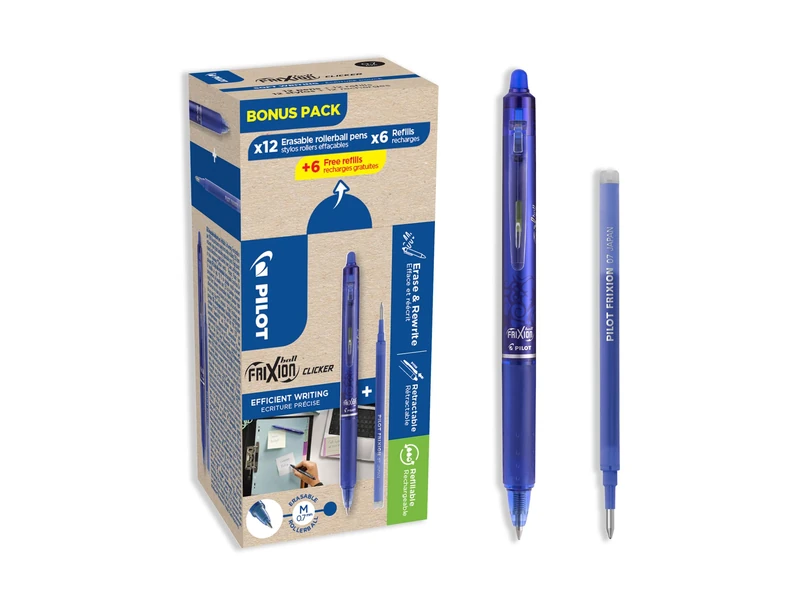 PILOT - Pack of 12 FriXion Ball Clicker 07 + 12 Refills - Erasable Thermosensitive Ink Pen - Retractable and Refillable Rollerball Pen - Blue - Medium Tip