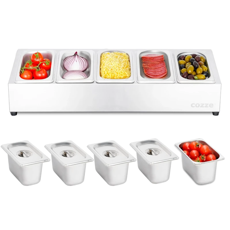 cozze Pizza Topping Station - Stainless Steel Ingredient Container with Lid for Pizza Toppings - Professional Pizza Topping Station with 5 Compartments - Pizza Accessories for Kitchen and Catering