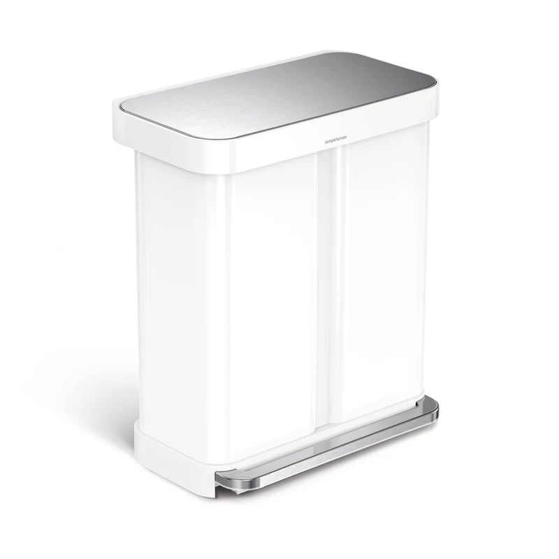 simplehuman Pedal Recycler, 58L Dual Compartment Kitchen Bin, 150,000-Step Steel Pedal, Lid Shox® Silent Close, Liner Rim System, Liner Pocket®, White Steel